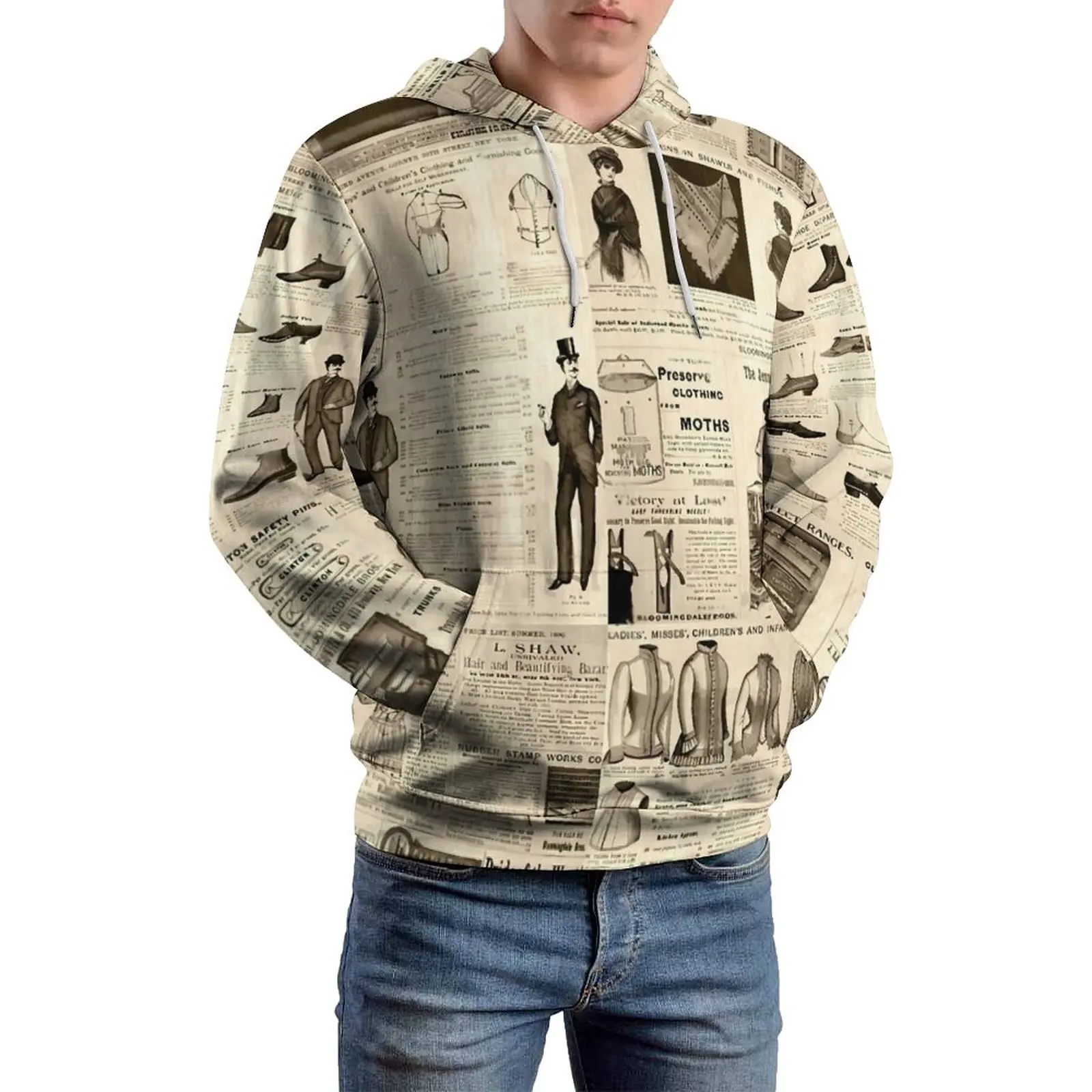 

Vintage Newspaper Casual Hoodies Couple Advertisements Print Y2k Pattern Hooded Sweatshirts Long Sleeve Classic Oversize Hoodie