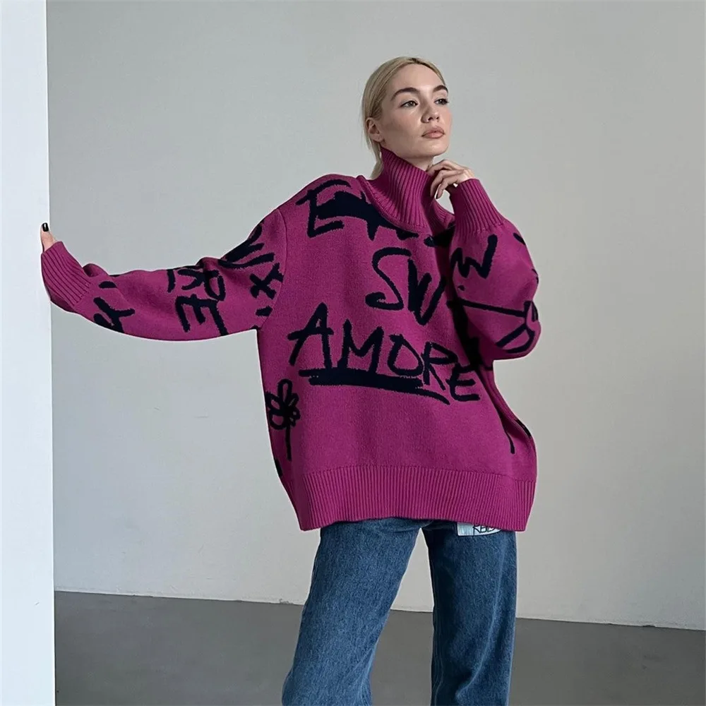 

High Collar Letter Printing Long-sleeved Sweater Women's Lazy Style Loose Autumn and Winter Warm Top Women's Models