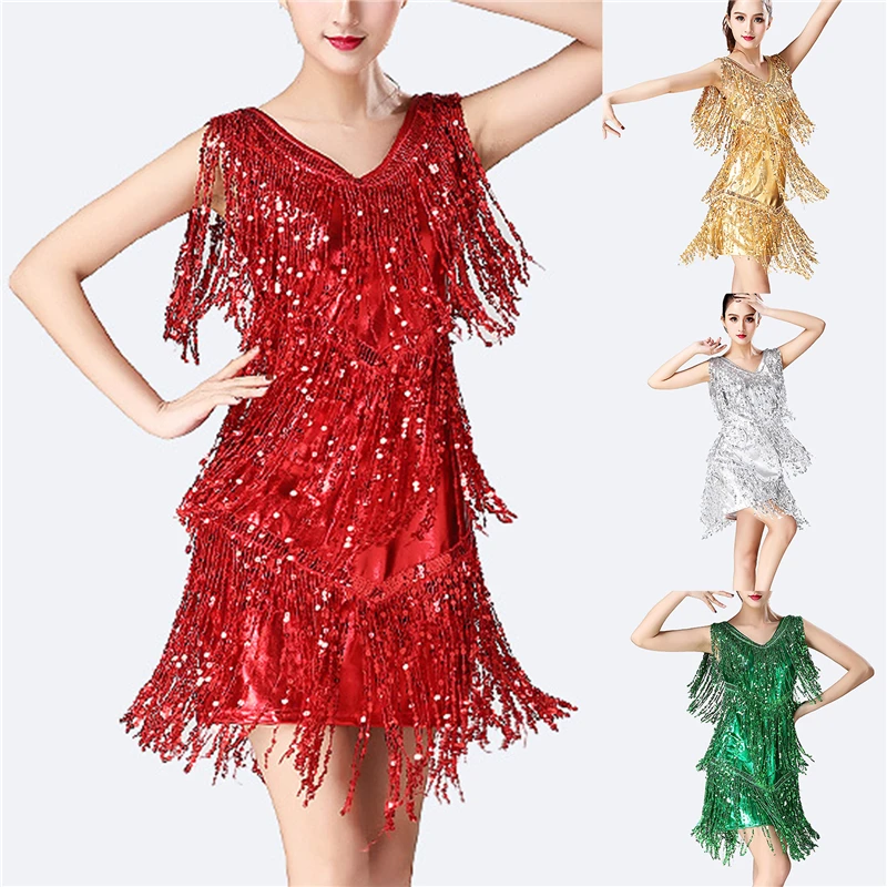 

Women Ladies V Neck Sleeveless Sparkling Sequin Tassels Fringe Ballroom Samba Tango Stage Latin Dance Dress Rave Costume