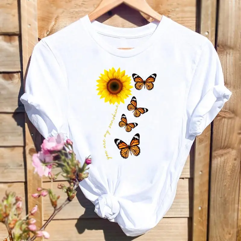 

Women Butterfly Sunflower Lovely Cute Fashion Graphic T Top Cartoon Short Sleeve Summer Shirt Print Tshirts Female Tee T-Shirt