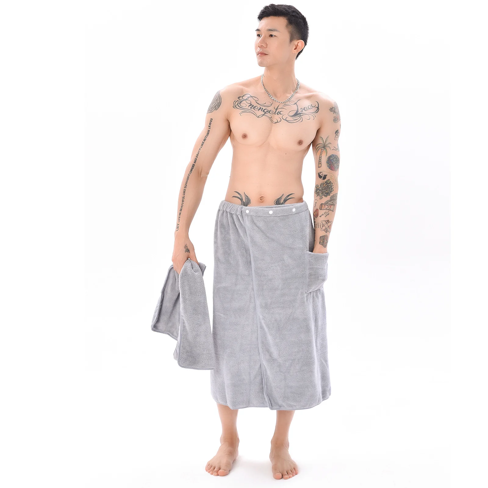 Men's Soft Bathrobe Wearable Bath Towel With Pocket Comfy Sports Gym Swimming Beach Blanket Shower Skirt Bath Set 2 PCS