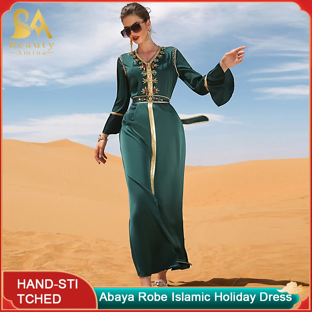 Abaya Robe Dark Green Ruffled Belt Quilted Diamond Dress Middle East Women's Muslim Dubai Red Explosion Islamic Holiday Dress