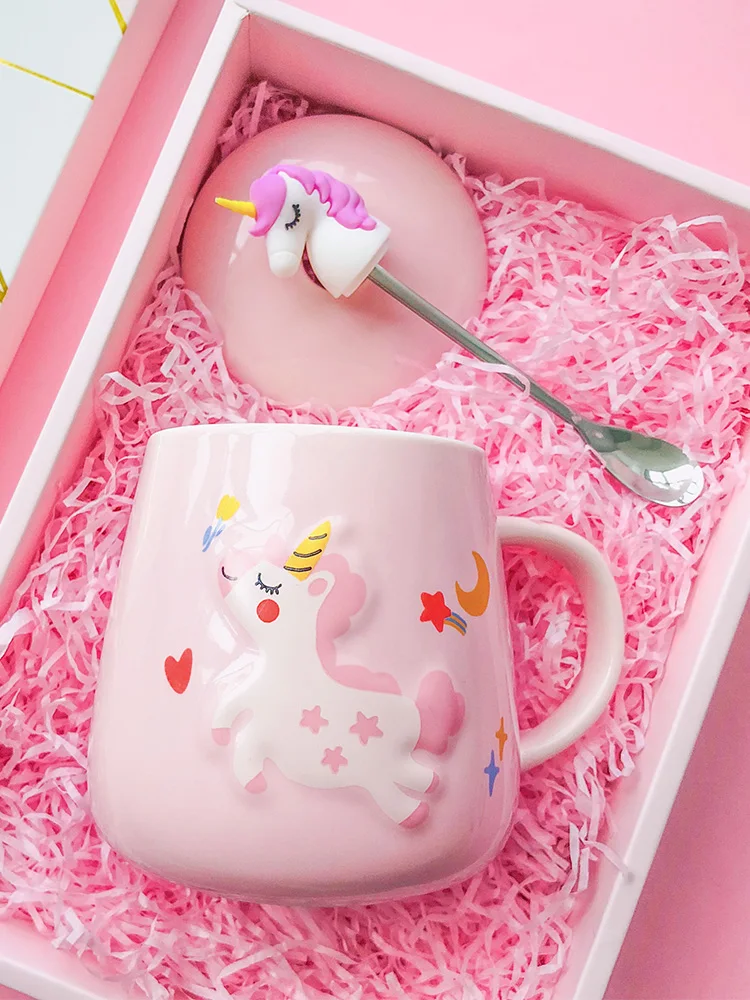 

Unicorn lovely drinking cup ceramic spoon with lid girl heart Mug women ins milk breakfast cup home