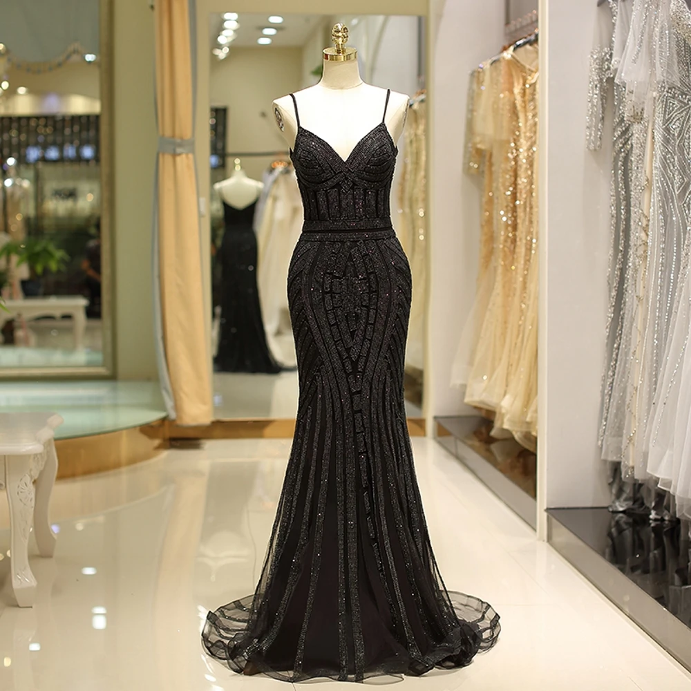 

Luxury Spaghetti Strap Club V Neckline Cocktail Sheath Formal Sweep Train Evening Party Backless Gown Prom Dress