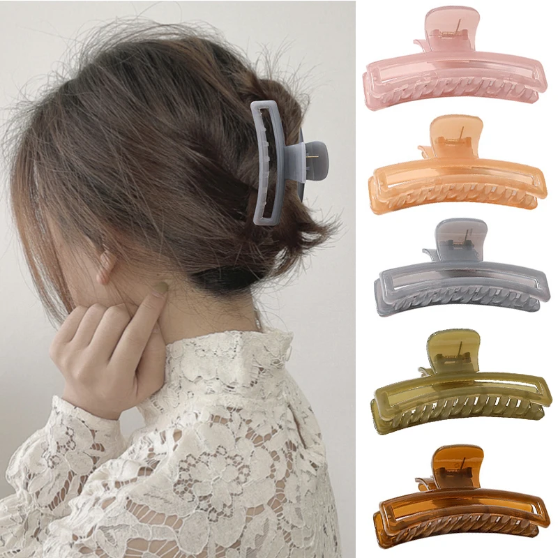 

Simple Style Jelly Color Hair Claws Headwear Korean Elegant Women Shark Clip Hairpin Hollow Rectangle Hair Clip Hair Accessories