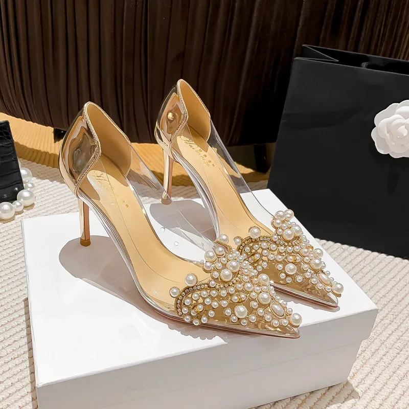 Crystal Pearl Embroidery Flower PVC Wedding Pumps Transaprent Patchwork Thin Heels Shoes Pointed Toe Shiny Silver Gold High Heel