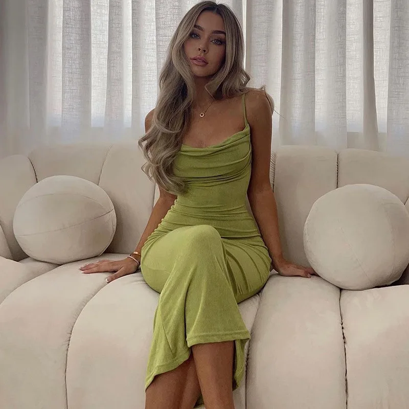 

Women's 2022 summer new fashion sexy shoulder straps backless straps with a word collar slim temperament long dress