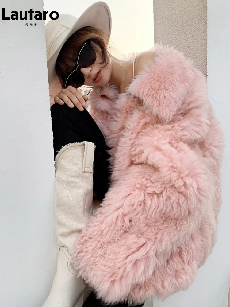 

Lautaro Winter Pink Loose Stylish Thickened Warm Shaggy Hairy Soft Faux Fur Coat Women Runway Korean Fashion Fluffy Jacket 2022