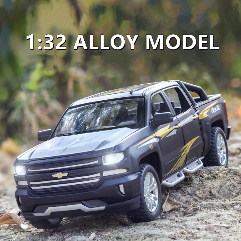 

1:32 Chevrolet Silverado Pickup car Simulation Diecast Metal Alloy Model car Sound Light Pull Back Collection Kids Toy Gift A325