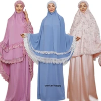 two piece set prayer garment lace dress muslim women abaya jilbab overhead hijab long khimar ramadan skirt arabic clothes niqab