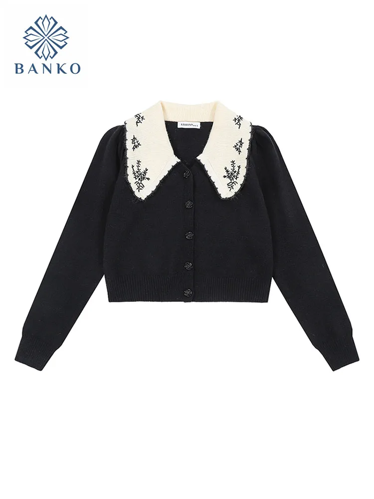 

American Vintage Women Basic Cardigan V-Neck Pullover Puff Sleeve Autumn Winter Long Sleeve Sweater Floral Embroidery Fashion