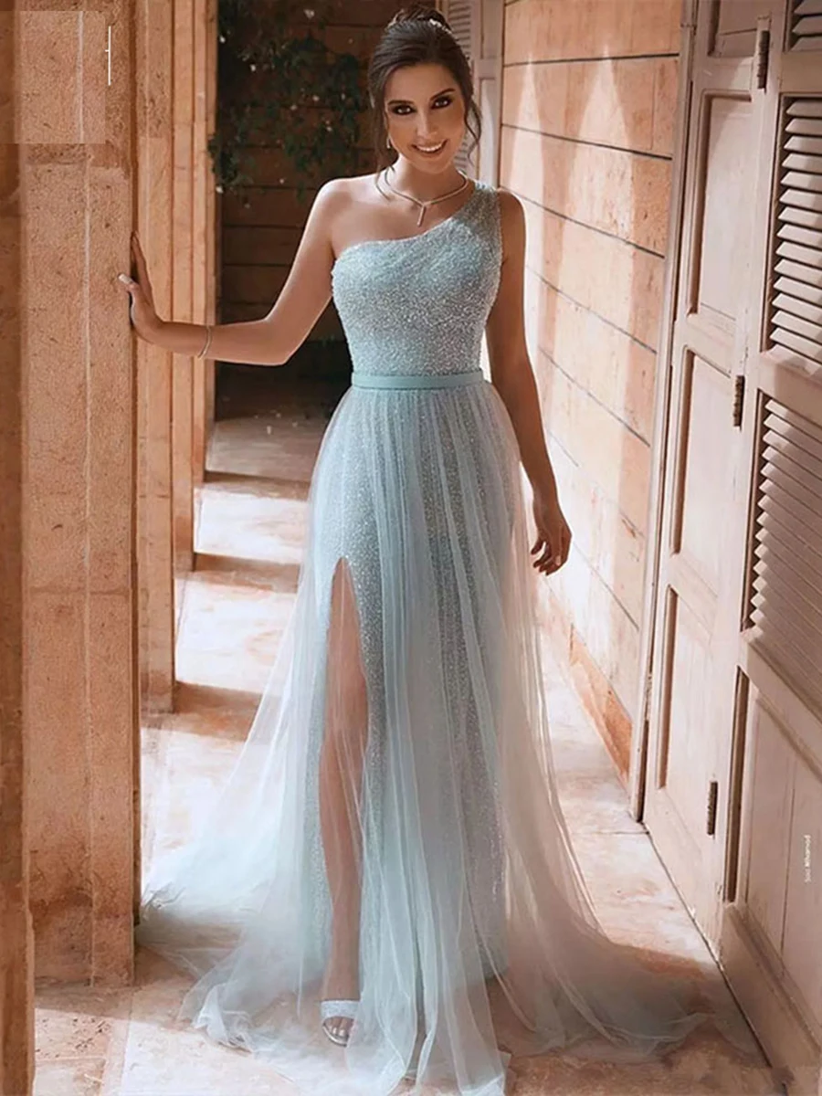 

Sky Blue One Shoulder Sequined Prom Dress High Split A Line Formal Evening Party Gown Arabic Floor Length robes de soirée