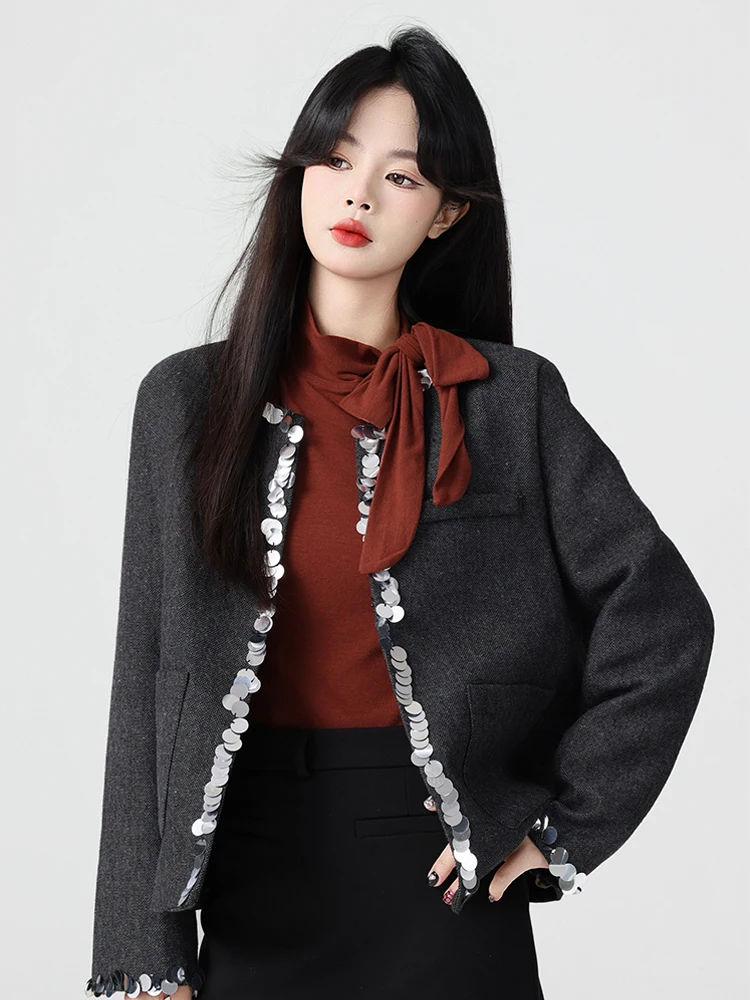 Роскошная короткая куртка с блестками женская новинка 2025 года пальто круглым