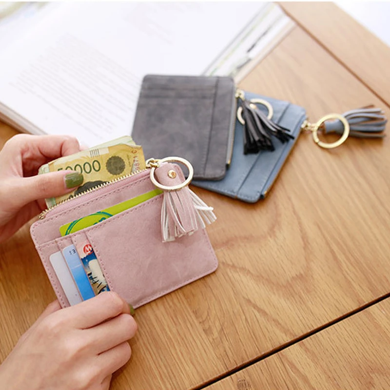 

Matt Leather Mini Tassel Women Card Holder Cute Credit ID Card Holders Zipper Wallet Case Change Coin Purse Keychain Nubuck New