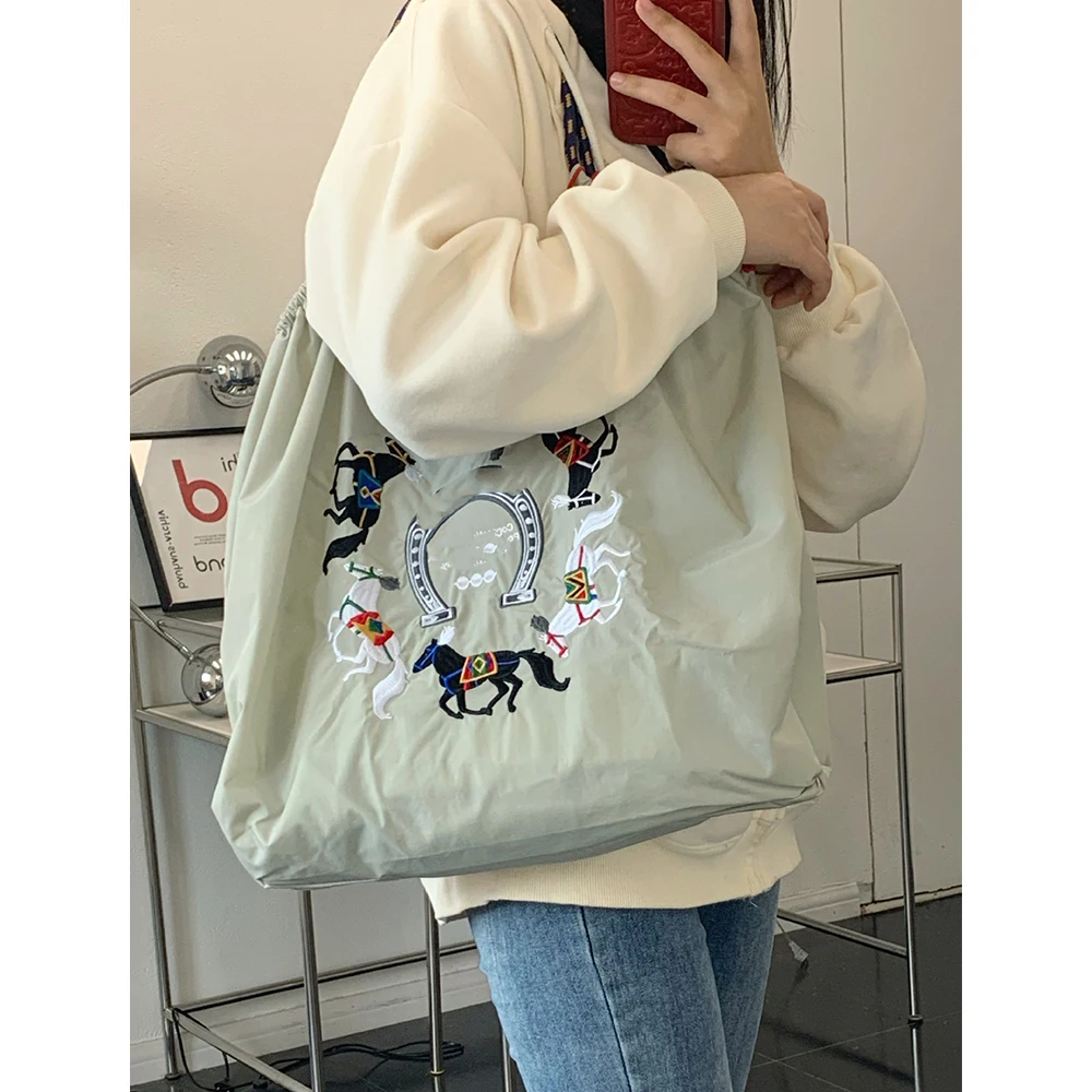 Eco Bag Designer Bags for Women Horse Embroidery Women Shoulder Bag Ball Shopper Purses Rope Handle Tote Handbag Nylon Hobos New