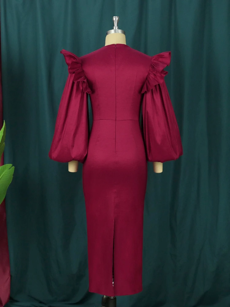 Платье женское бордовое средней длины с пышным рукавом батальных размеров 3XL 4X