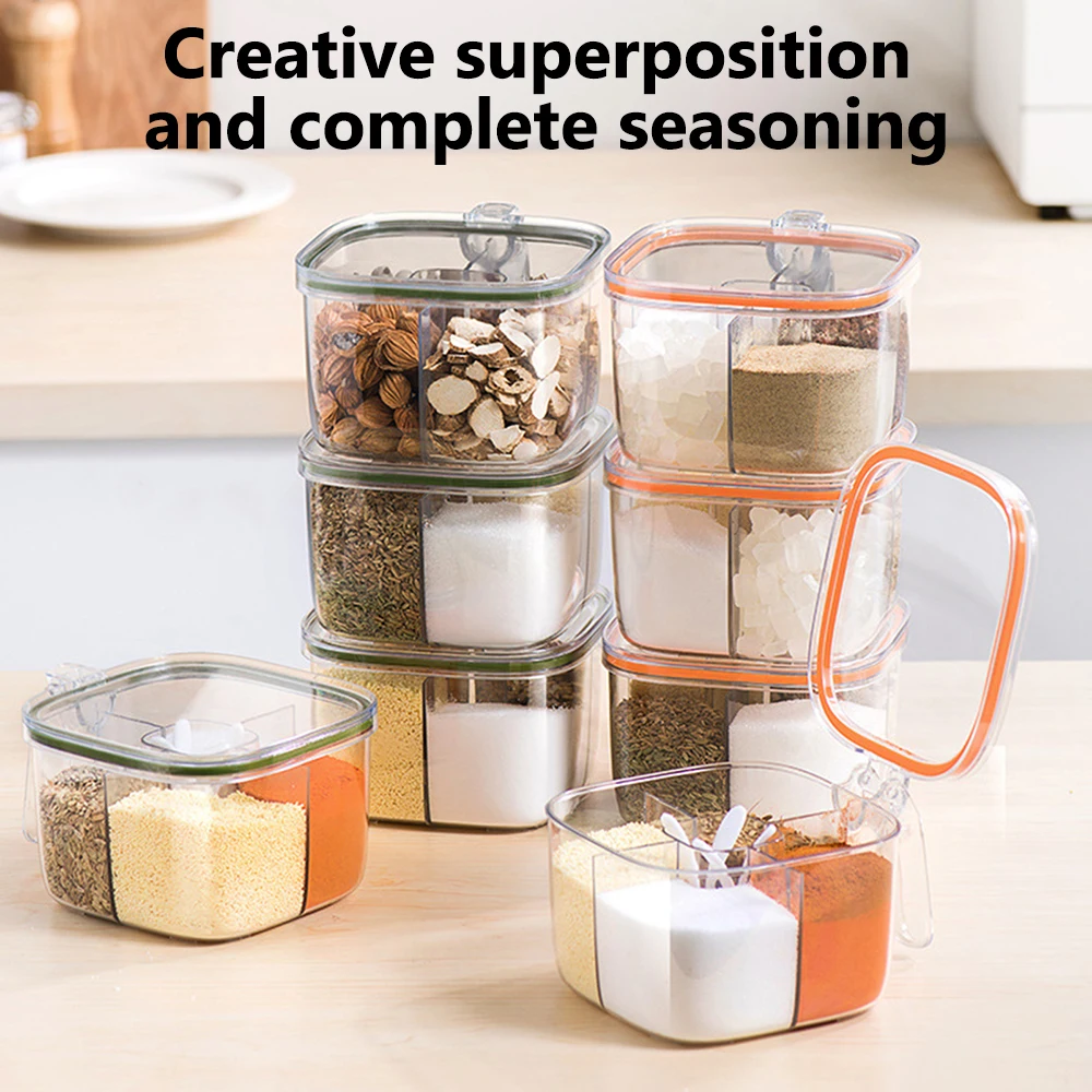 

Clear Spice Jar 4 Compartment Seasoning Jar With Lids For Kitchen Supplies With Spoon Push To Open Lid Comfortable Handles 66cy