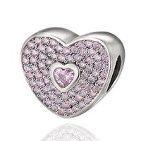 cubic zirconia heart shaped bead silver color charms for wome fashion bracelet original designer beads fine jewelry making