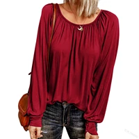 summer womens clothing solid color round neck casual pleated long sleeve tees harajuku shirts for women y2k tops camisetas