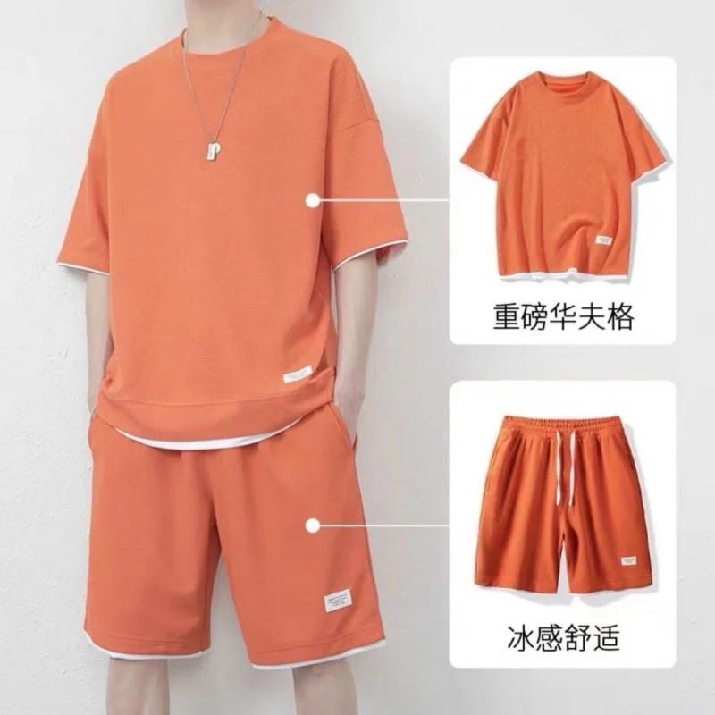 Summer new men's suit high-quality waffle fabric short-sleeved T-shirt   shorts set fashion men's large size short-sleeved suit