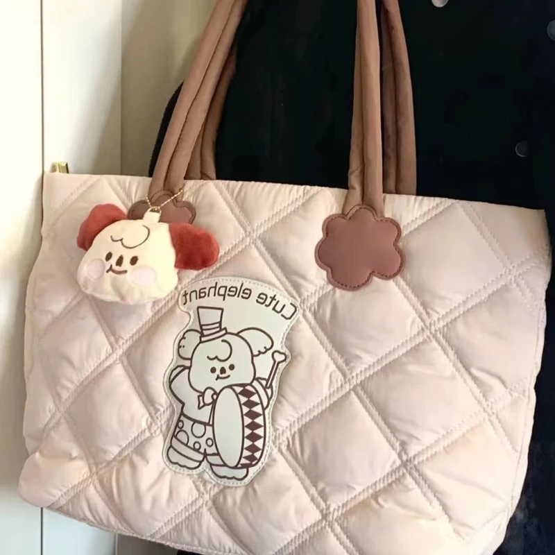 

Xiuya Cute Sweet Shoulder Bag Diamond Lattice Letter Cartoon Decal Handbag New Solid Color Large Capacity Korean Style Tote Bag