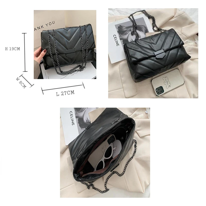 Embroidery Thread PU Leather Crossbody Bags for Women Fashion Chain Messenger Shoulder Bags Female Large Capacity Brand Handbag