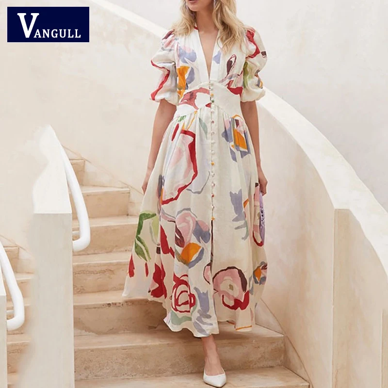 Vangull Beach Style Print Long Dress Women V-neck Single Breasted  Female Dress Summer New Short Sle