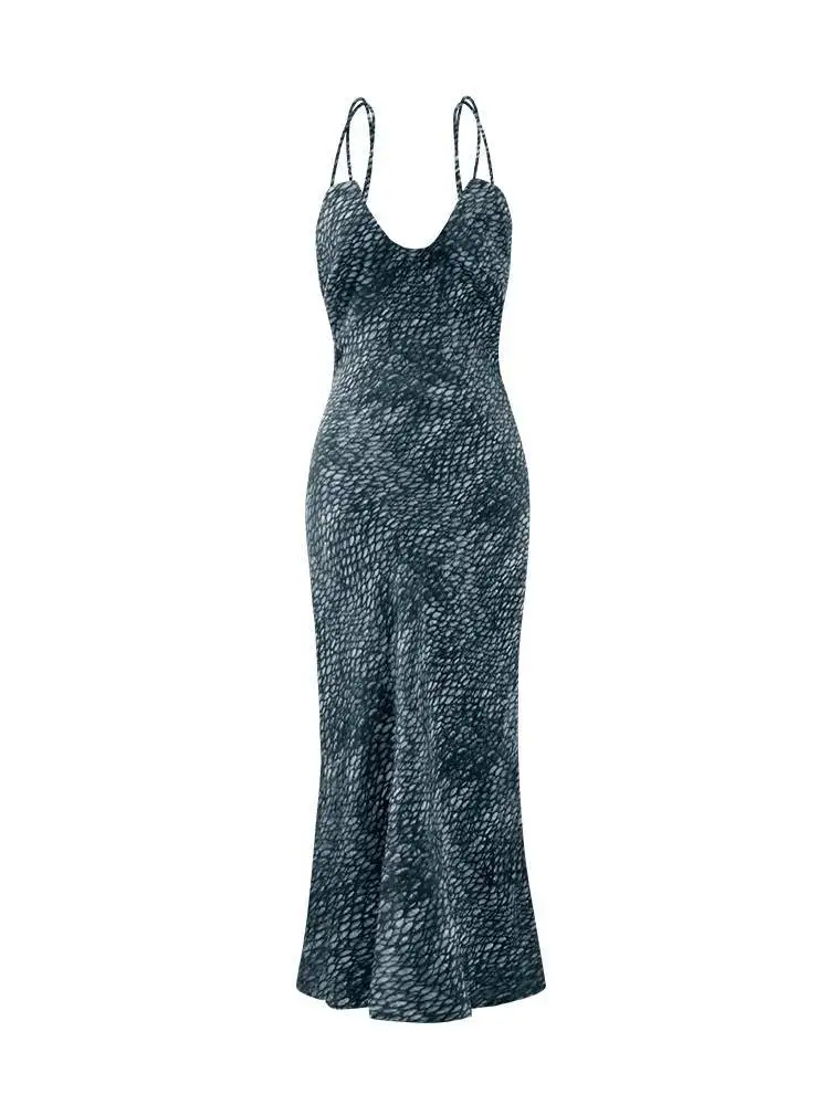 Women Fish Scale Printed Silk Sling Dress 2023 Summer New Fashion Backless Sexy Ladies Vintage Slim Fishtail Dresses