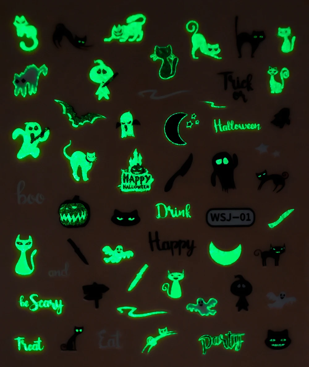 Светящиеся 3D наклейки для ногтей Переводные картинки паук тыква Череп Хэллоуин