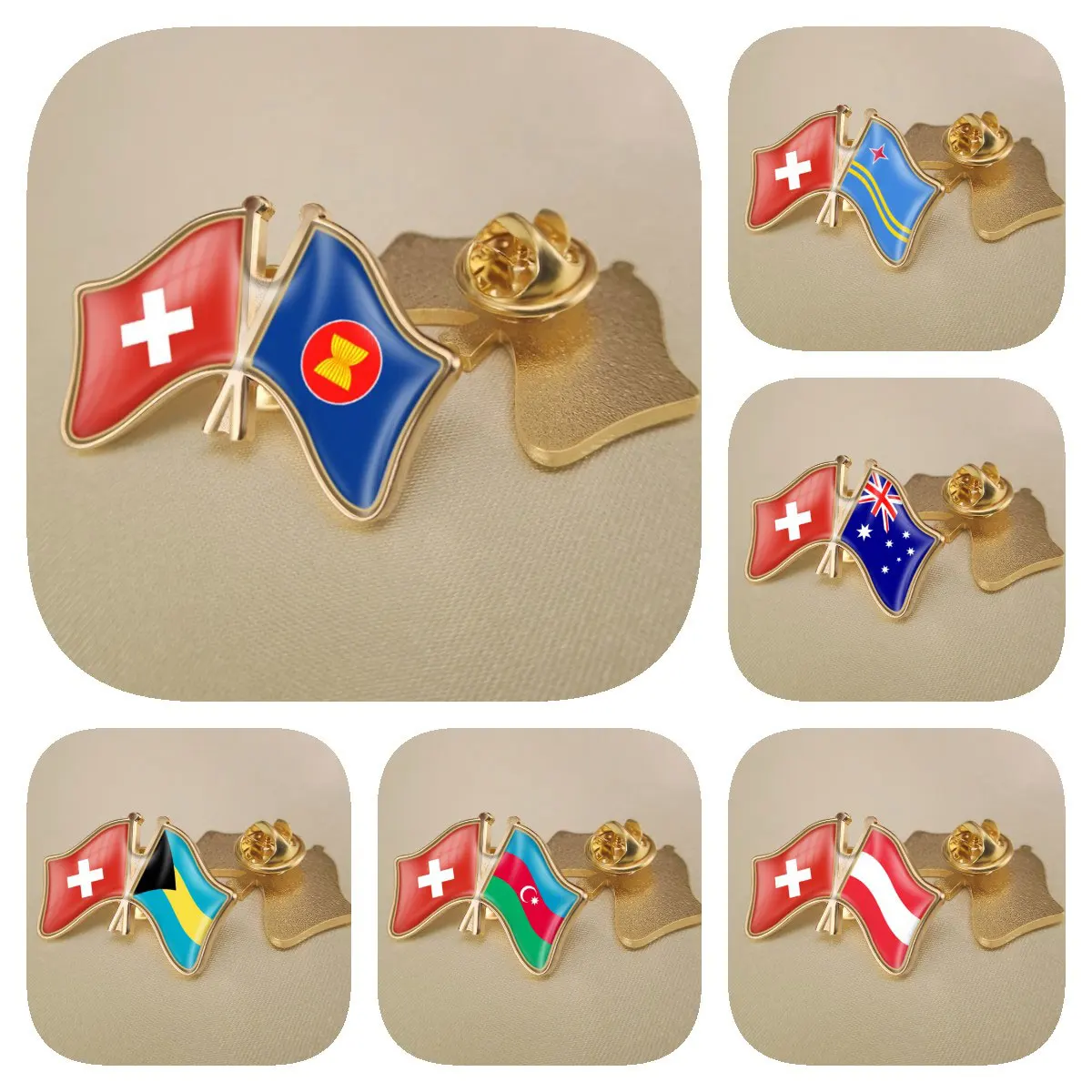 

Switzerland and Aruba ASEAN Association Australia Austria Azerbaijan Bahamas Double Crossed Friendship Flags Lapel Pins Badges