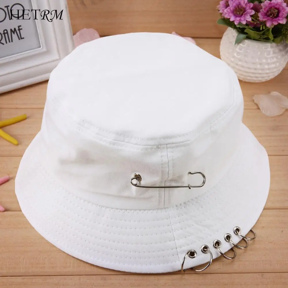 

Solid Color Cool Unisex Iron Pin Ring Personality Bucket Hat Cap Folding Fisherman Hat Hunting Fishing Outdoor Cap