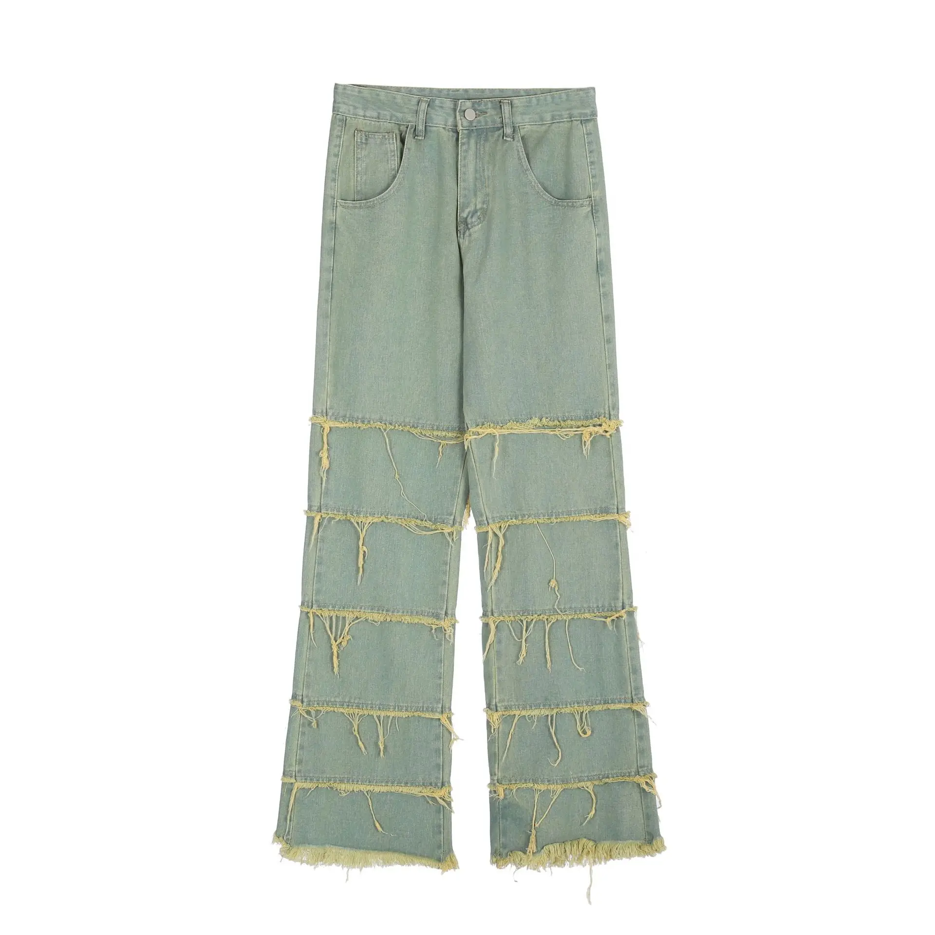 

Spring New Striped Tassel Ripped Washed Jeans Male and Female Straight Wide Leg Solid Color Denim Trousers Streetwear Oversized