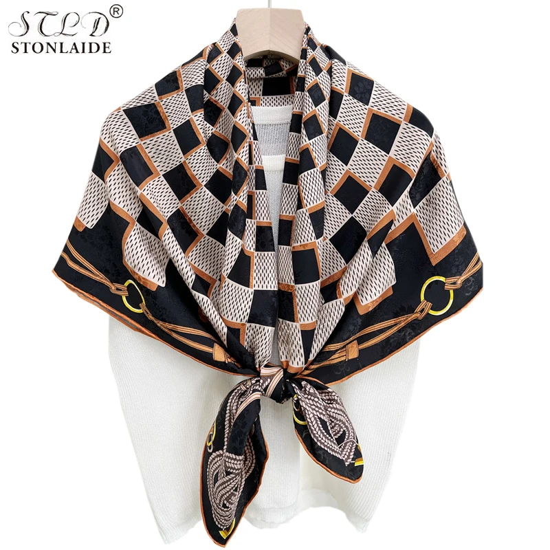 

Женская двухсторонняя шаль из шелка тутового шелкопряда с геометрическим принтом