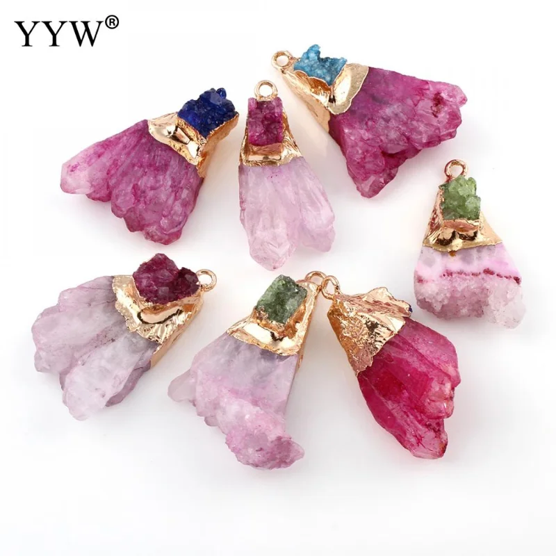 

5pc Gold Filled Ice Quartz Agates Pendant For Necklace Jewelry 22x38mm Natural Pink Red Irregular Druzy Crystal Stone Pendant