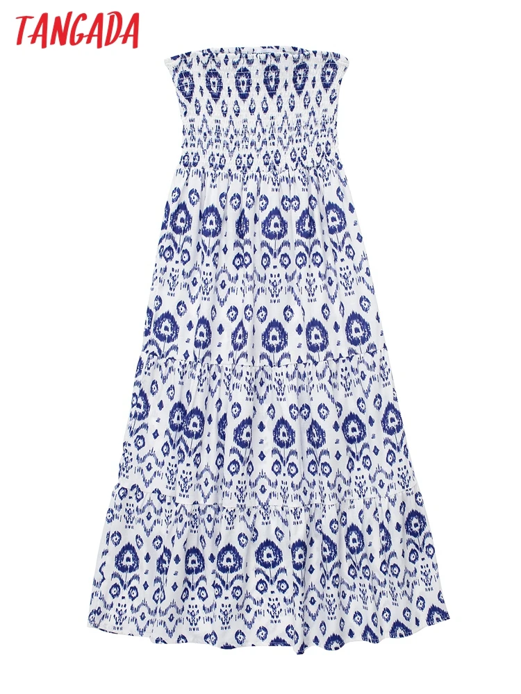 

Tangada 2022 New Women Blue Flower Print Midi Skirt Vintage Strethy Waist Ladies Chic Mid Calf Skirts JE239