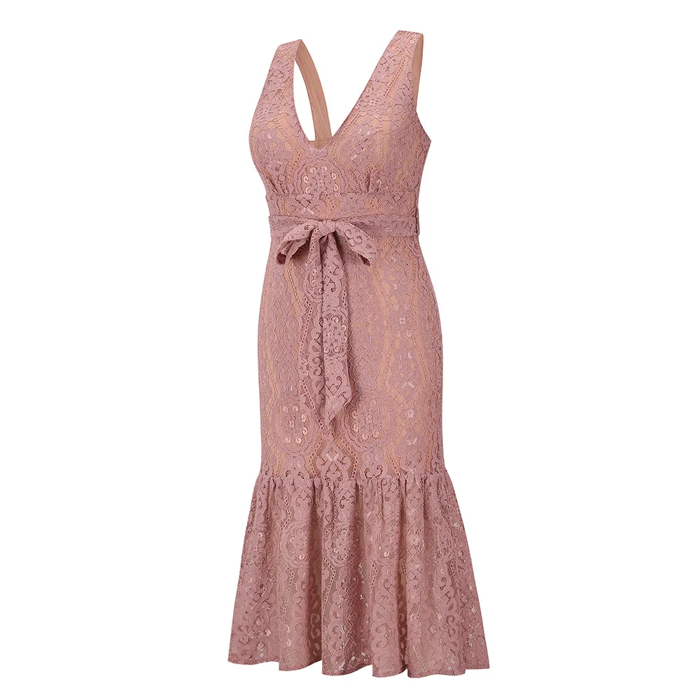 

Sexy Ladies New Spring Summer Sexy Lace V-Neck Sleeveless Sling High Waist Pullover Ruffle Dress Free Shipping