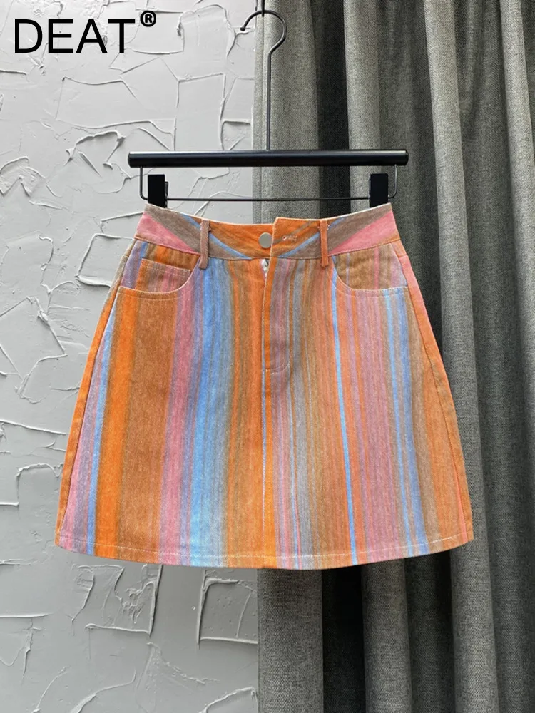 

Женская джинсовая юбка с карманами DEAT, облегающая трапециевидная мини-юбка контрастных цветов, с запахом, в полоску, на лето, 29L209, 2023