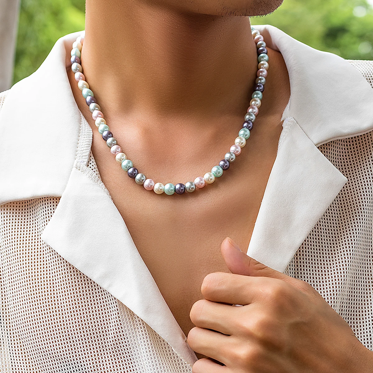 

Salircon Punk Mixed Color Glass Imitation Pearl Chain Necklace For Men Simple Beaded Necklace Trend Party Aesthetic Jewelry