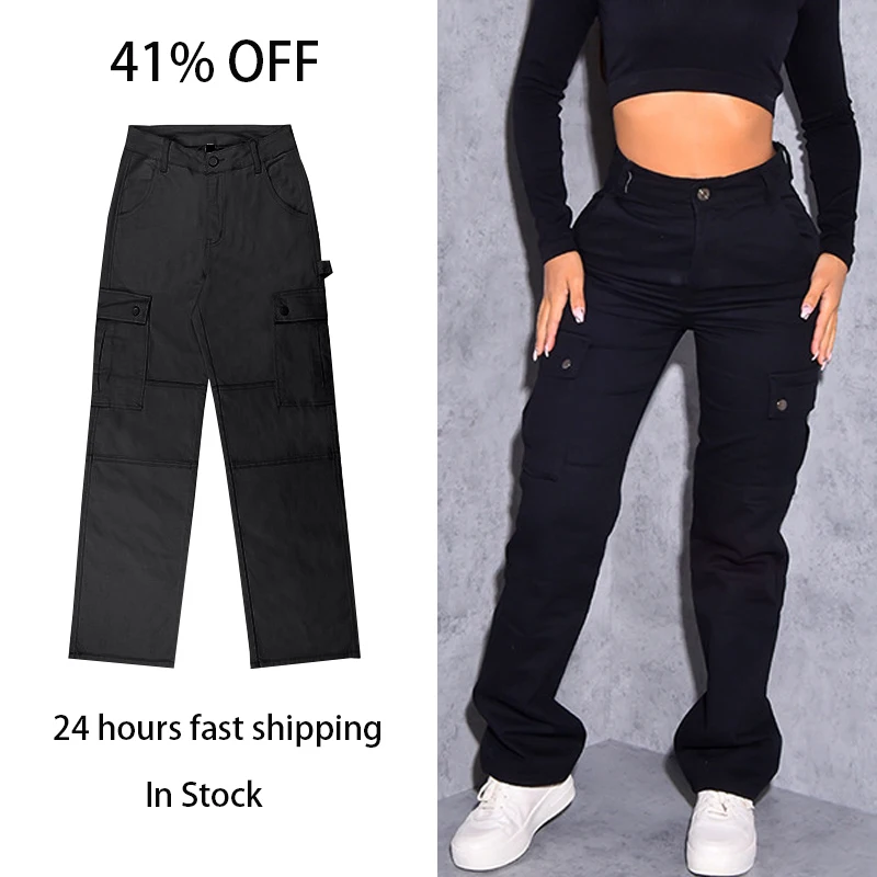 

Women Casual Solid Color High Waist Pockets Vintage Cargo Pant Y2k Fashion Straight Denim Trousers Overalls 90s Retro Streetwear