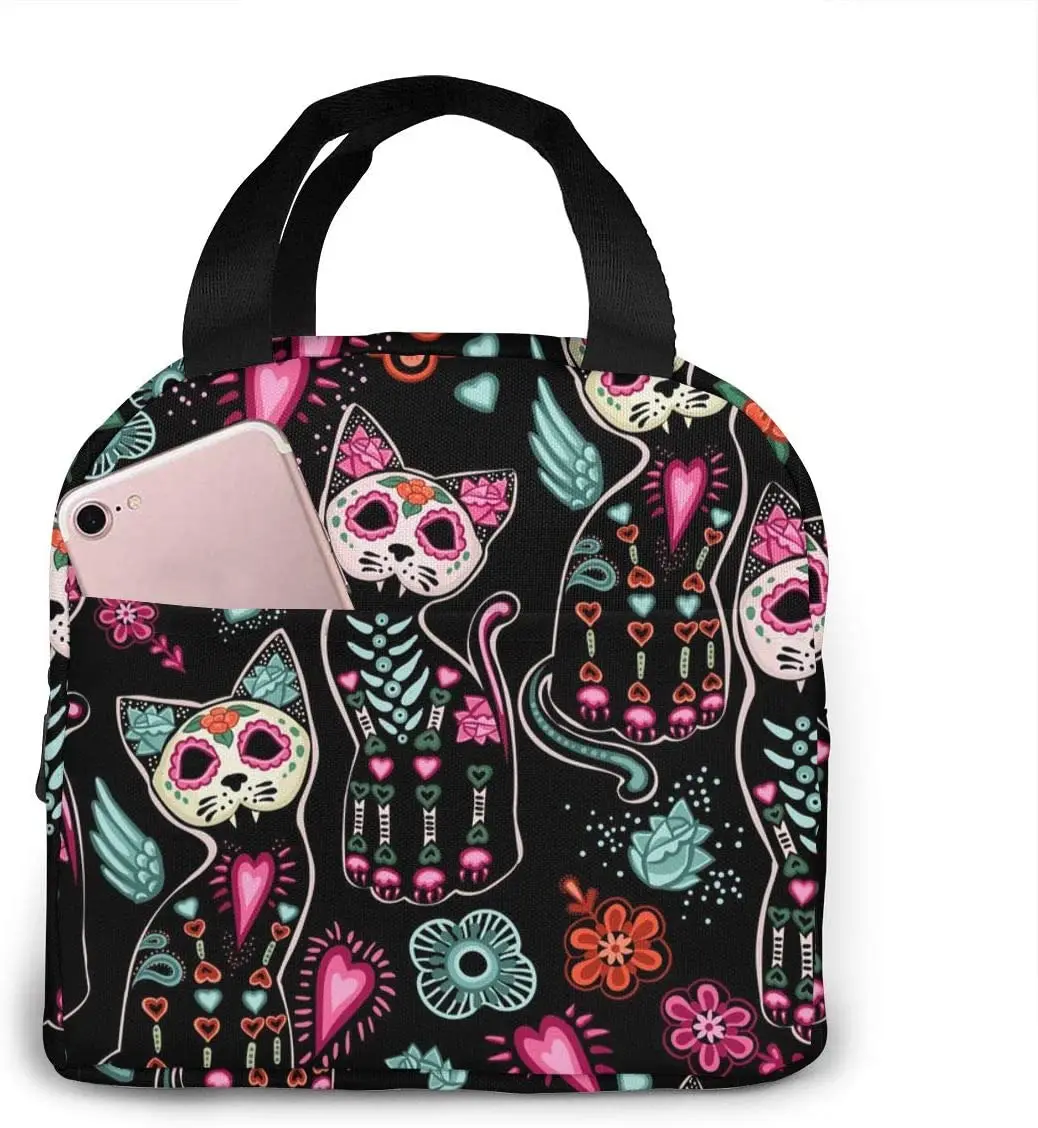 Halloween Floral Cat Skull Lunch Box Insulated Meal Bag Lunch Bag Reusable Snack Bag Food Container For School Travel Picnic