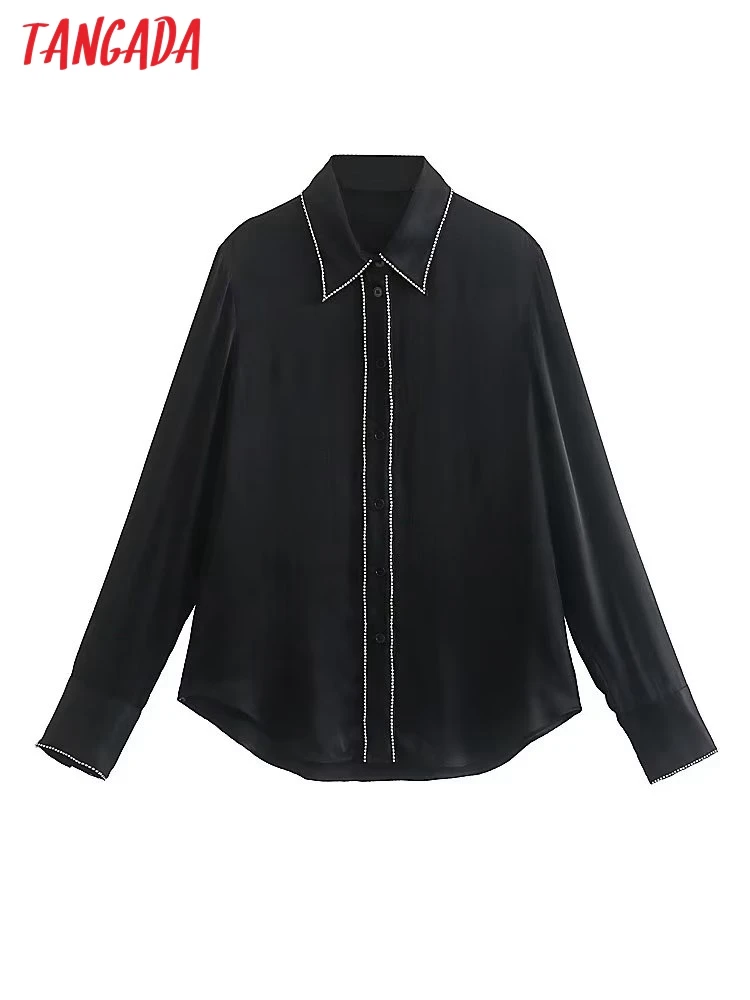 

Блузка женская черная с длинным рукавом и бусинами, 6 х56