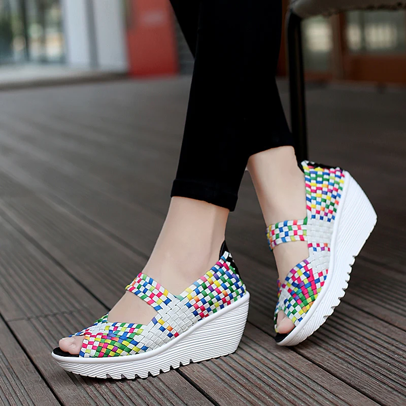 STRONGSHEN Summer Women Platform Handmade Weave Sandals Breathable Walking Shoes  5CM Heel Sneakers Female Zapatos De Mujer