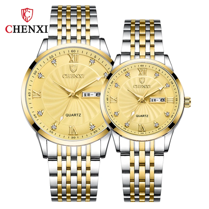

CHENXI 8212A New Couple Free Shipping Women And Man Stainless Steel Week Calendar Quartz Wristwatch Business His Hers Watch Sets