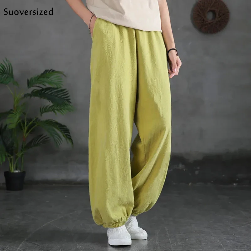  Женские хлопковые льняные однотонные шаровары с высокой талией, Женские базовые Капри, Мешковатые повседневные брюки, женские брюки д…