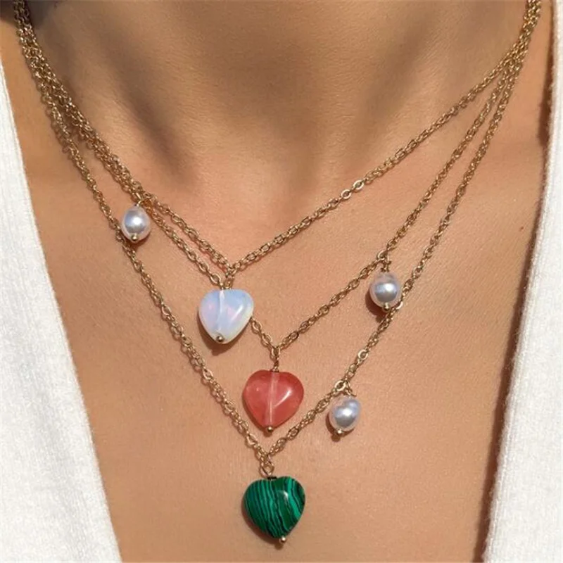 

Korean Simple Pearl Resin Heart Necklace Set Gold Color Clavicle Chain Necklace for Women Fashion Jewelry Gifts