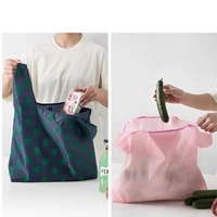 hot sale fashion printing foldable green shopping bag tote folding pouch handbags convenient large capacity storage bags
