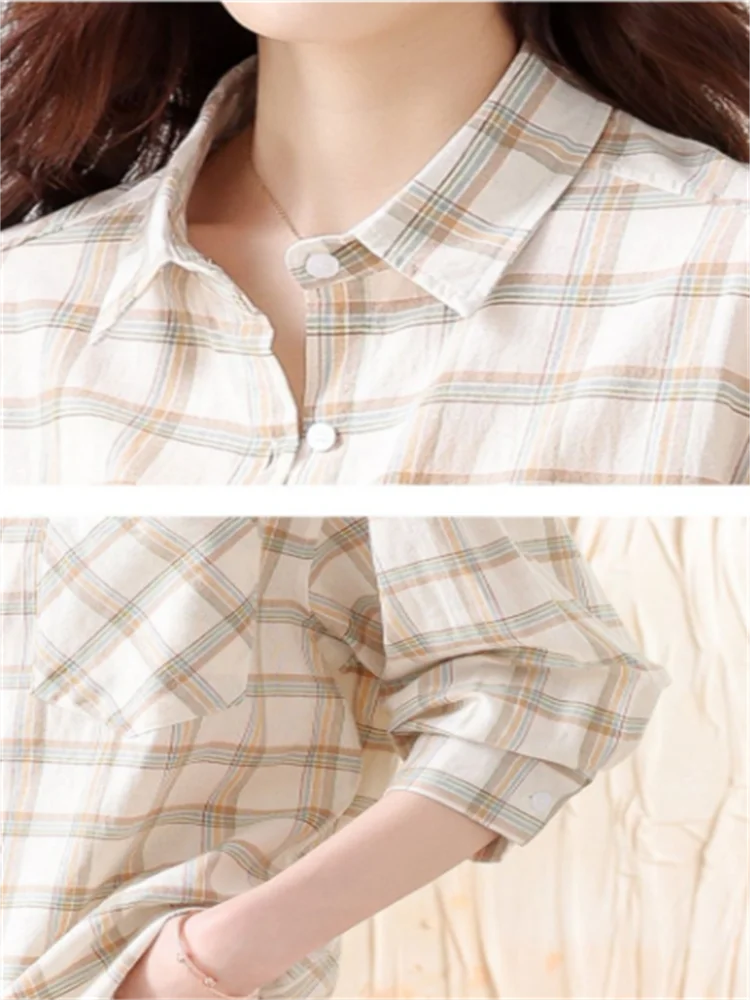 Простая блузка женская рубашка с длинным рукавом клетчатый топ из хлопковой