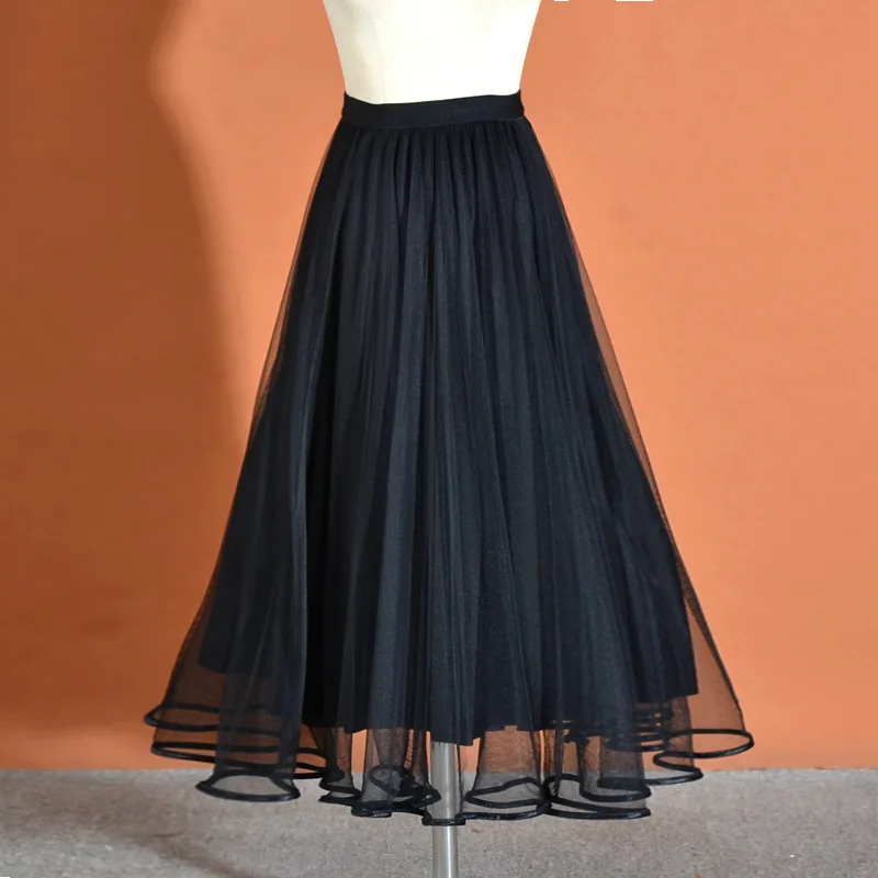 

Fashion Versatile Big Swing Tulle Pleated Black Long Skirts for Women High Waist Patchwork A Line Apricot Skirt Korean Style