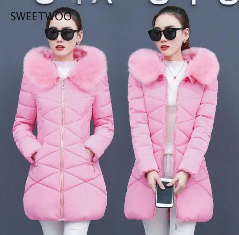 Women Winter Jackets Coats Down cotton Hooded Parkas Feminina Warm Outwear Faux Fur Collar  Long Coats Contracted Slim