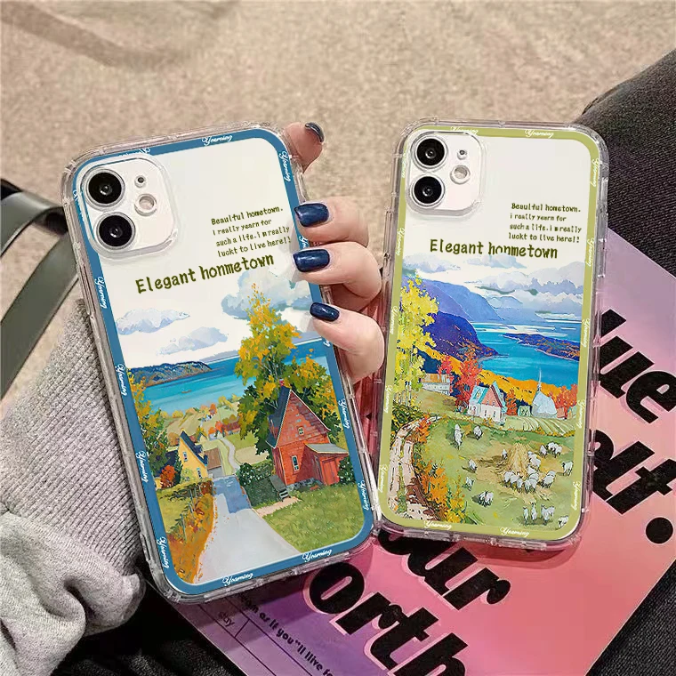 

Landscape Painting Vintage For iPhone 13 12 11 Pro 12 13 Mini X XR XS Max 6 6S 7 8 Plus SE2020 Clear Phone Case Full Protection